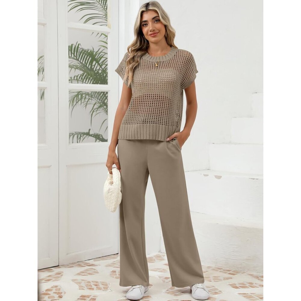Women Crochet Sheer Knit Sweater Top Wide Leg Pants Lounge Sets Medium - Picture 4 of 7
